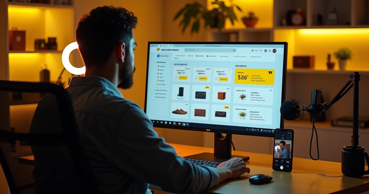 Criador de conteúdo analisando painel de programa de afiliados no computador