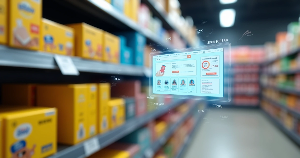 Produtos em prateleira física com telas digitais exibindo anúncios de marketplaces