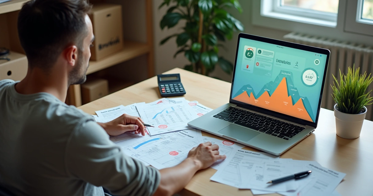 Seller compara planilha em papel com painel de ferramenta financeira para marketplace
