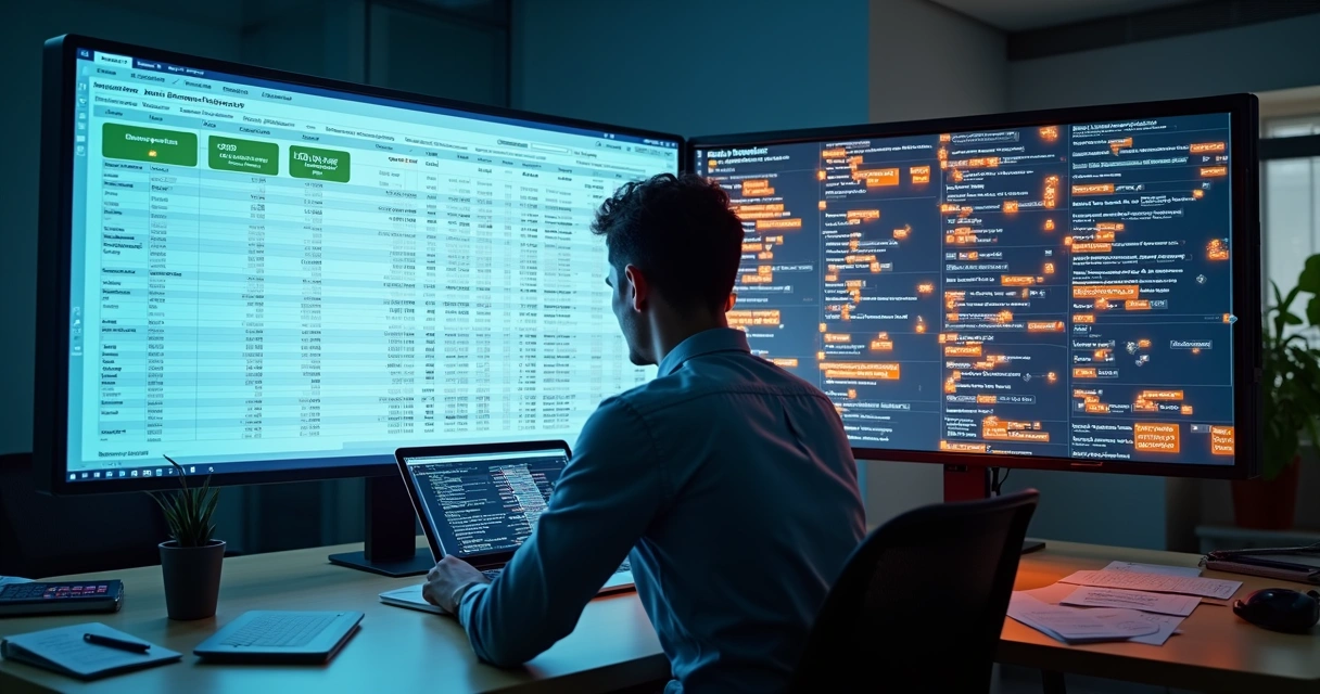 Dashboard de ERP dividido ao meio mostrando falhas de integração com marketplace