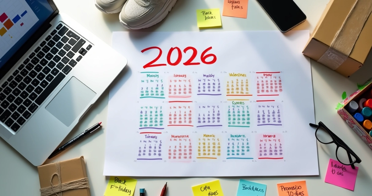Calendário sazonal 2026 com ciclos de vendas em marketplace destacados