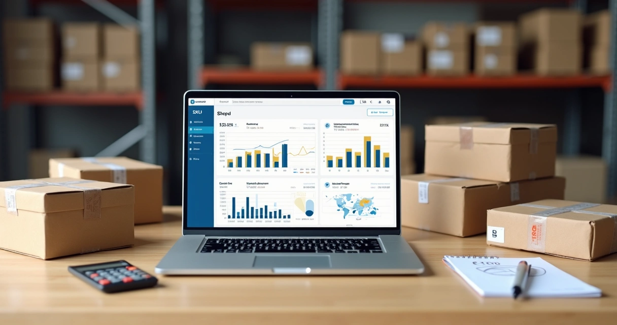 Vendedor organizando custo de estoque de produtos Mercado Livre e Shopee com cálculo em notebook