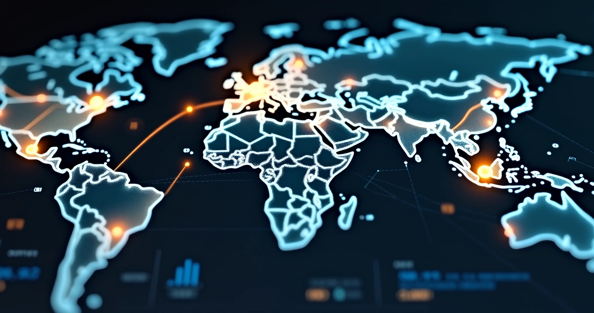 Mapa da América Latina conectado a centro logístico em Shenzhen com ícones de e-commerce