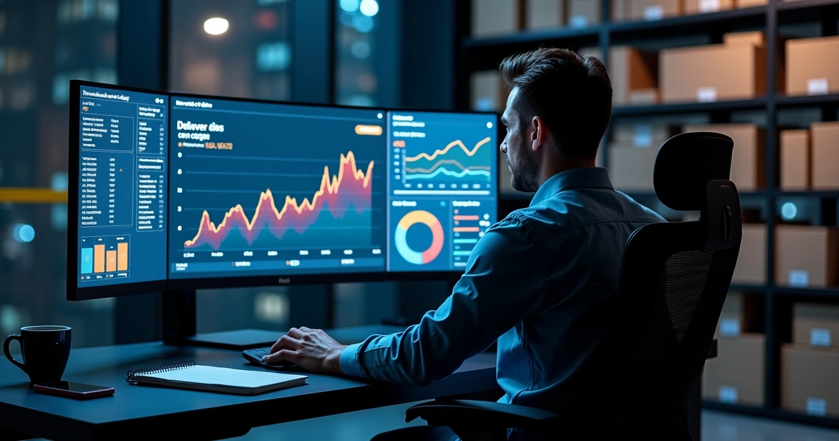 Painel digital mostrando ruptura de estoque e queda de ranking em marketplace
