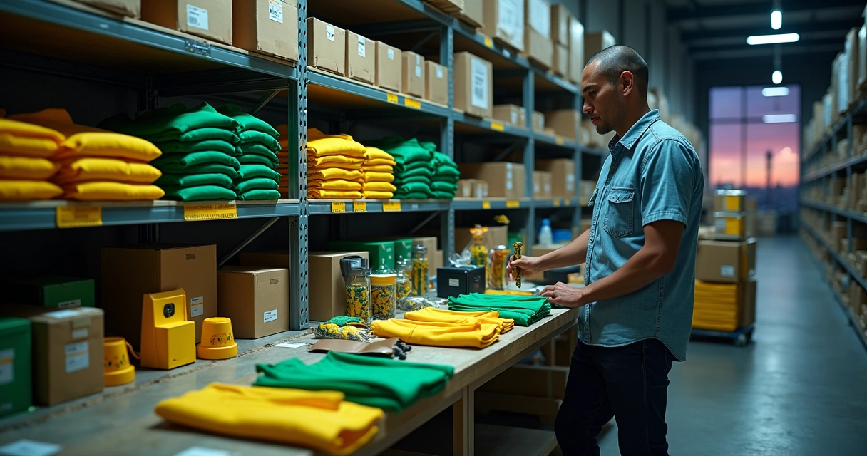Seller preparando produtos para vender na Copa 2026 em armazém com itens temáticos