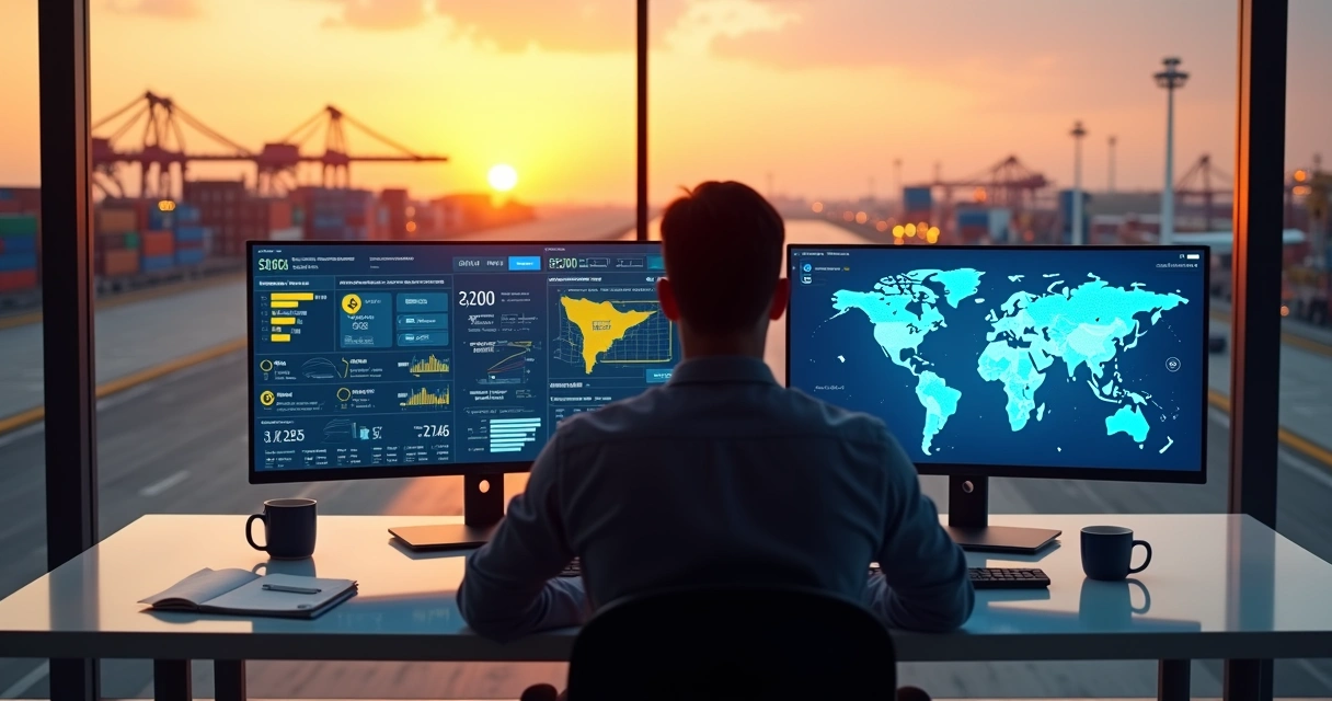 Seller analisando rota de comércio entre China e América Latina em painel digital de e-commerce