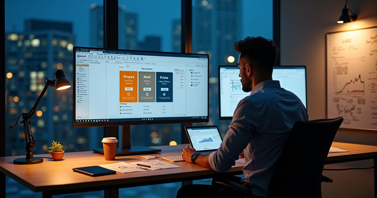 Vendedor analisa Shopee VIP Meli+ e Prime em painel comparativo de marketplace