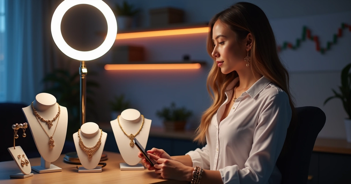 Vendedora de semi joias em live na Shopee com peças de alto valor em destaque