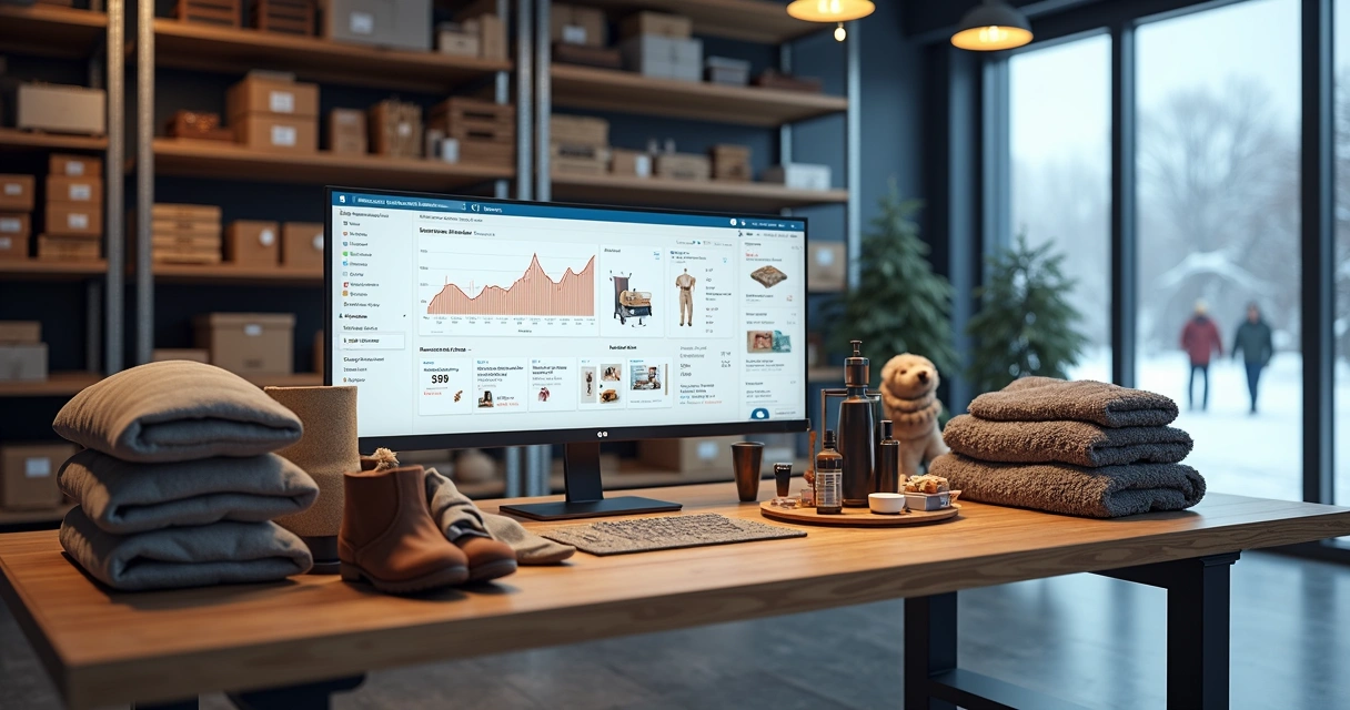 Vitrine de produtos de inverno variando roupas cobertores aquecedor e eletrônicos para casa