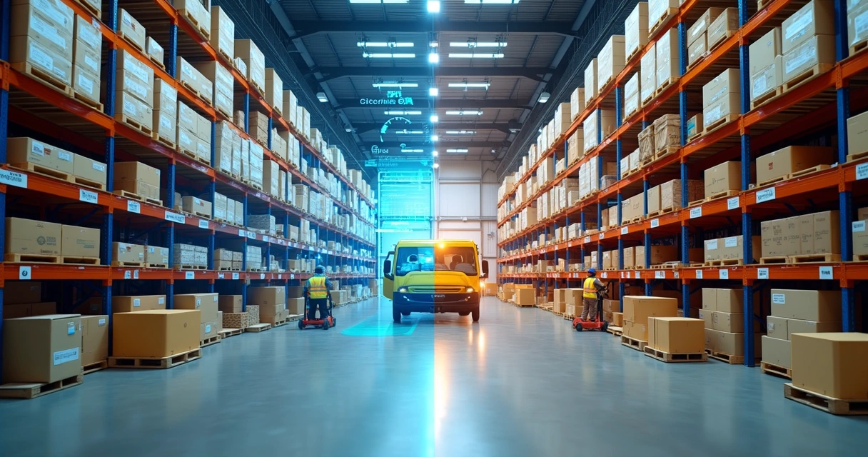 Montagem comparando estoque em fulfillment e cross docking por SKU em armazém moderno