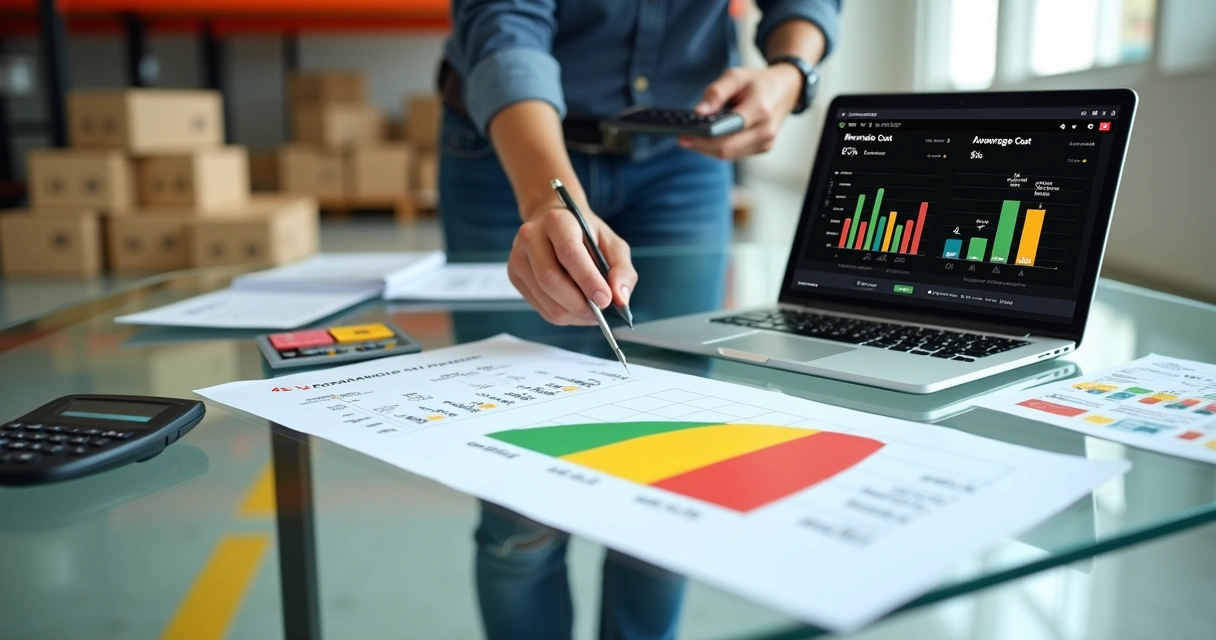 Gestor de e-commerce analisando curva ABC e custo médio de estoque em painéis coloridos