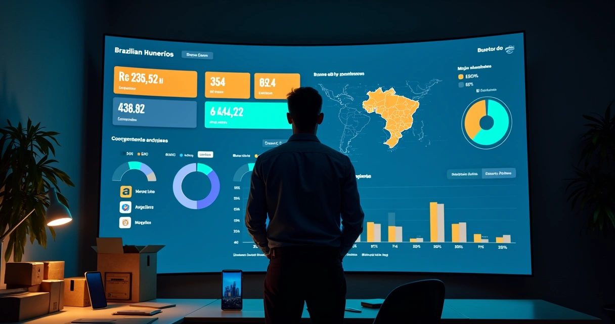 Vendedor analisando painel de dados do e-commerce brasileiro 2025 com perfil do comprador e marketplaces