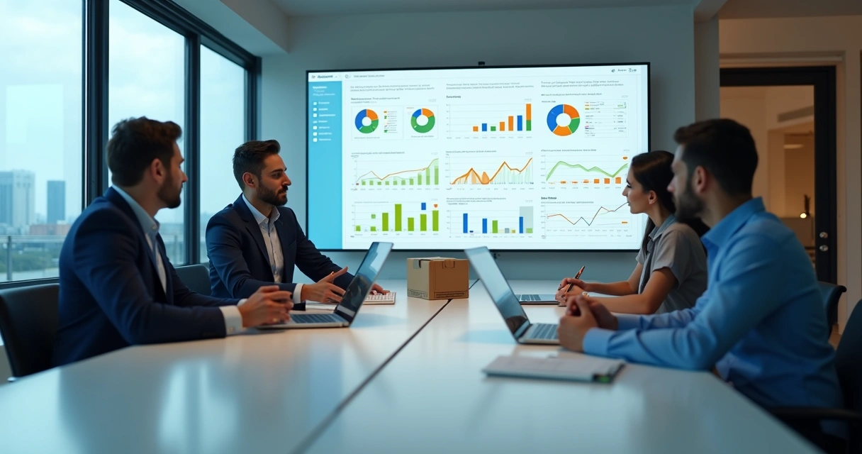 Equipe analisando estratégia de assessoria de marketplace em tela grande
