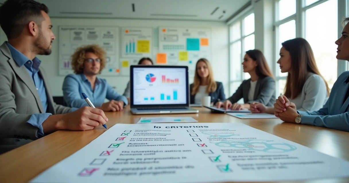 Equipe de consultoria de e-commerce avaliando checklist de critérios em reunião