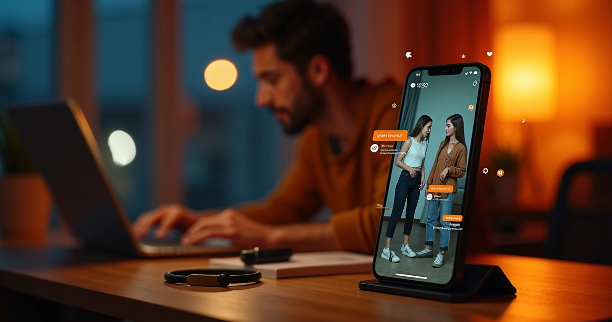 Vendedor acompanhando novelas interativas da Shopee Vídeo com ícones de compra em destaque