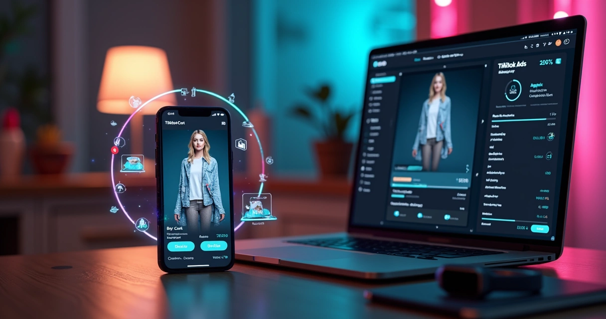 Seller configurando anúncios no TikTok Shop com vídeos nativos e produtos em destaque no celular
