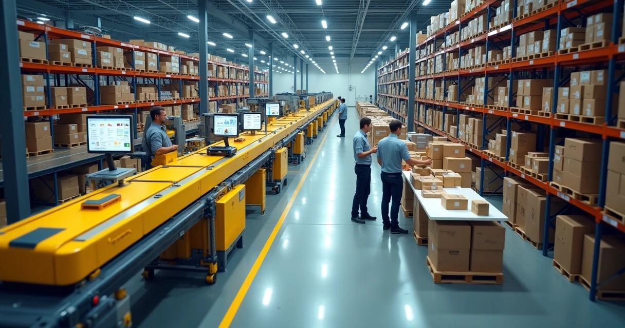 Vista aérea de armazém de e-commerce mostrando contraste entre esteira automatizada e setor de separação manual