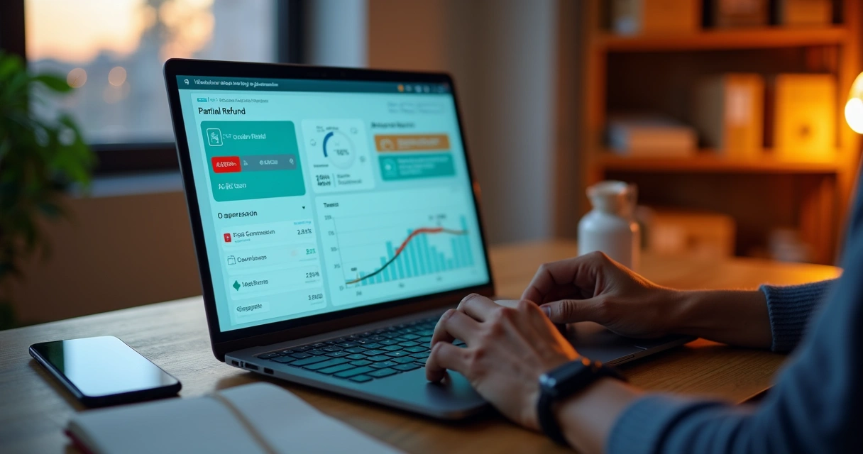 Vendedor analisando painel digital de reembolso parcial no Mercado Livre