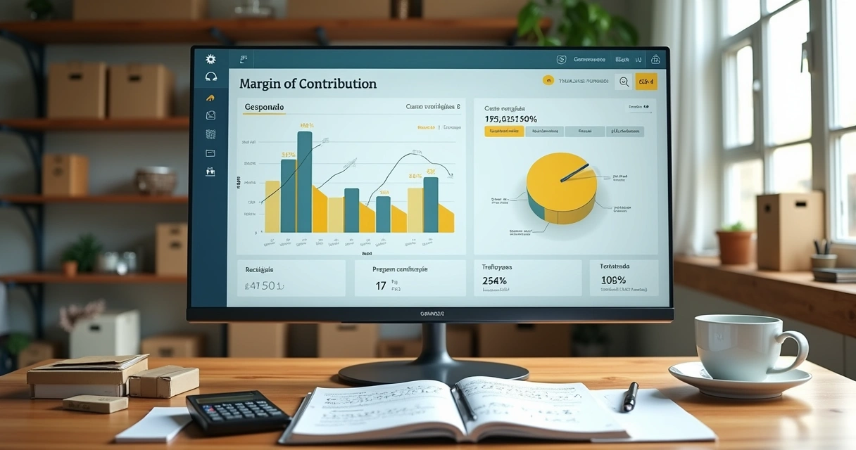 Dashboard com gráficos de margem de contribuição para vendas no Mercado Livre em destaque