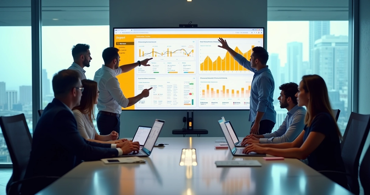 Time de assessoria de marketplace analisando painel de vendas online em sala moderna