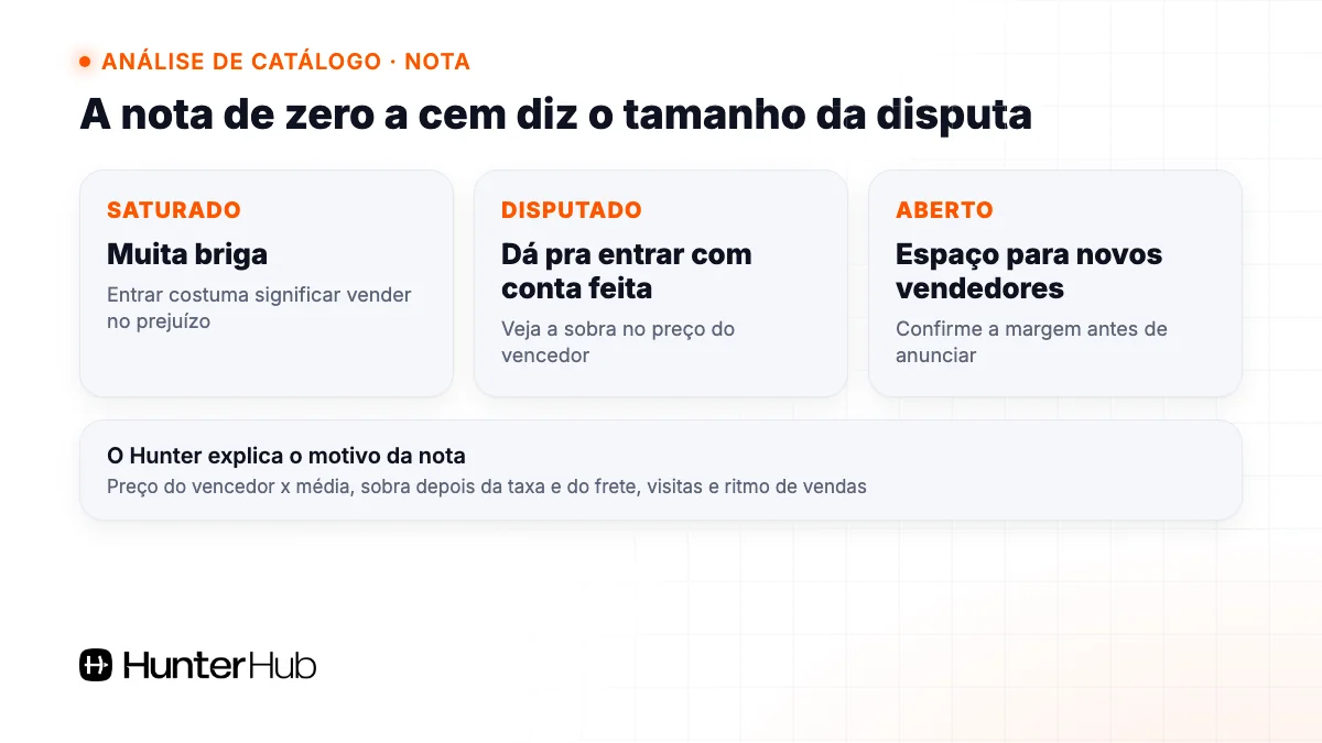 Nota de zero a cem da análise de catálogo do Hunter: saturado, disputado ou aberto, com o motivo explicado