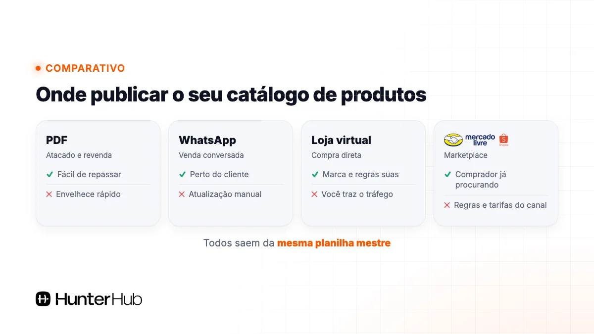 Comparativo de onde publicar o catálogo de produtos: PDF, WhatsApp, loja virtual e marketplace