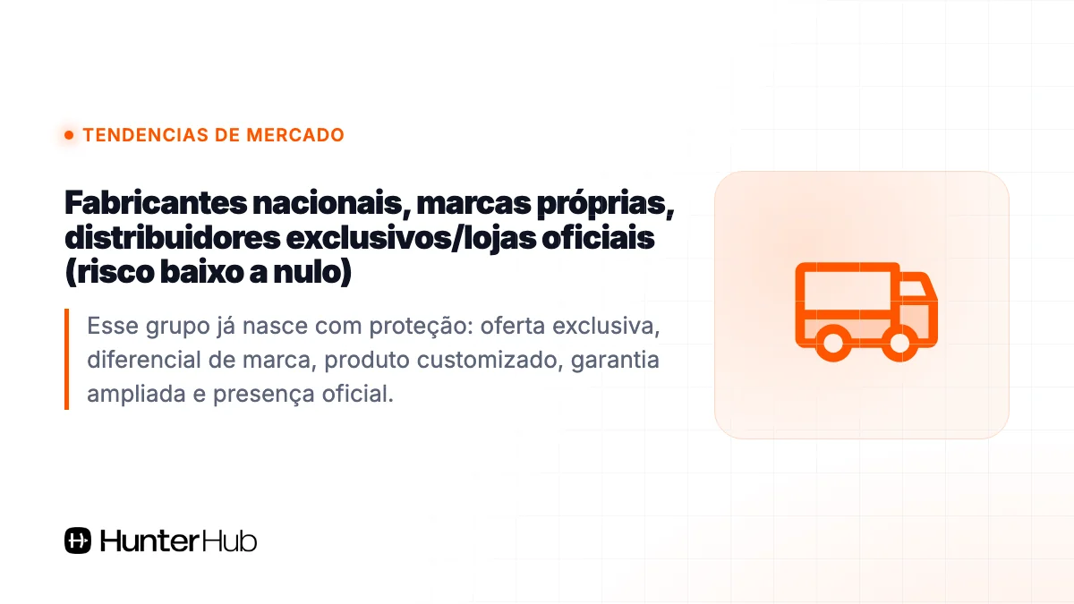 Fabricantes nacionais, marcas próprias, distribuidores exclusivos/lojas oficiais (risco baixo a nulo)