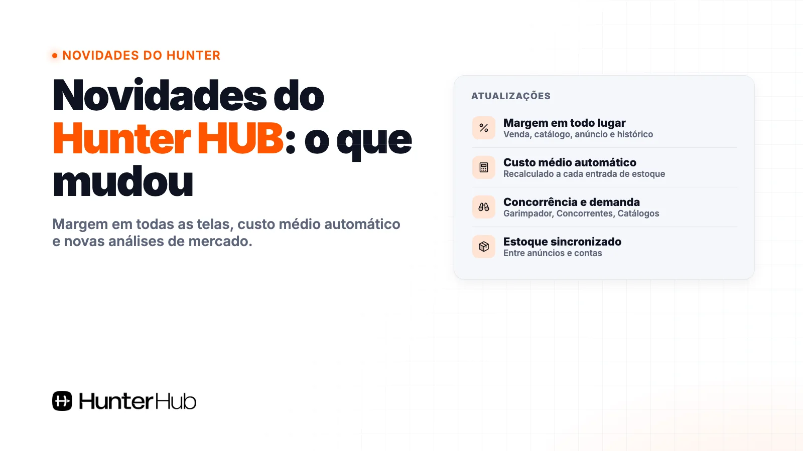 Novidades do Hunter HUB: margem em todo lugar, custo médio automático, concorrência e demanda, estoque sincronizado