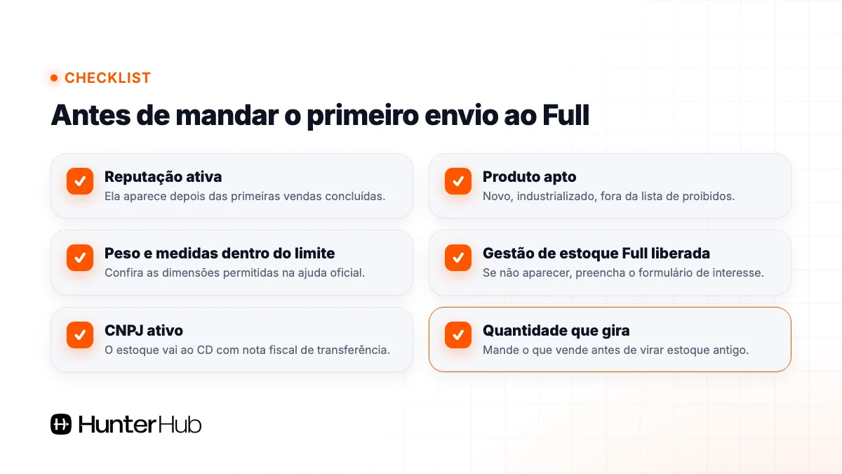 Checklist de requisitos antes do primeiro envio ao Full do Mercado Livre