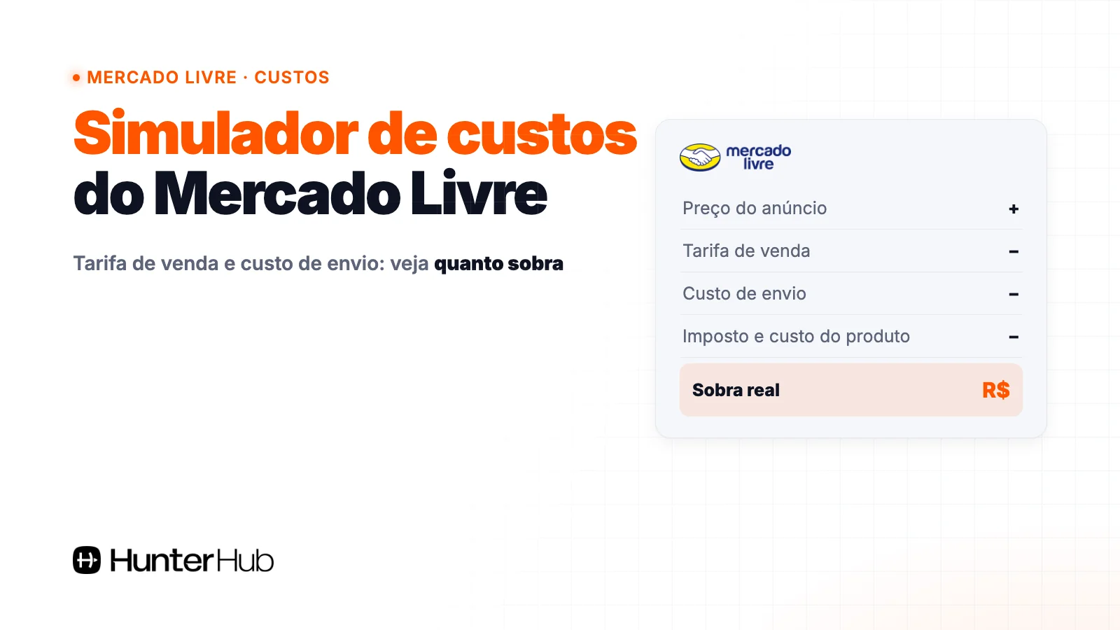 Simulador de custos do Mercado Livre: preço menos tarifa de venda, custo de envio, imposto e custo do produto