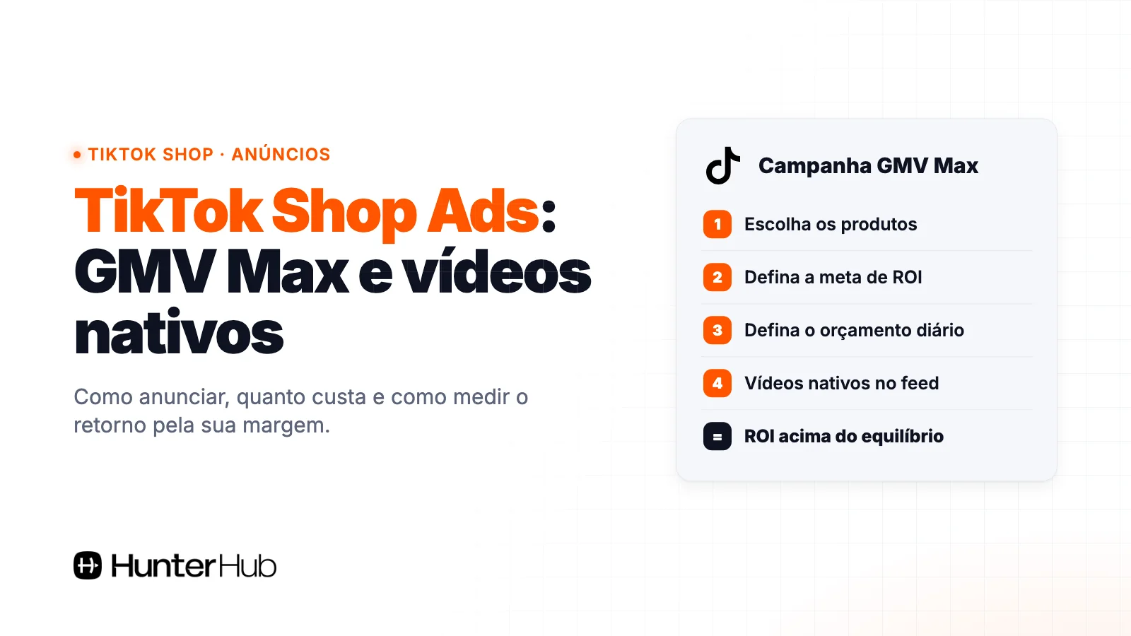 TikTok Shop Ads: campanha GMV Max com produtos, meta de ROI, orçamento diário e vídeos nativos